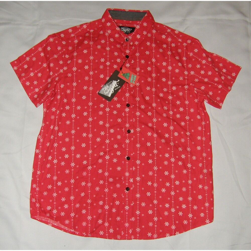 NEW Mens Sz Medium Red Button Up Short Sleeve Snowflake Print Shirt EIGHTY EIGHT